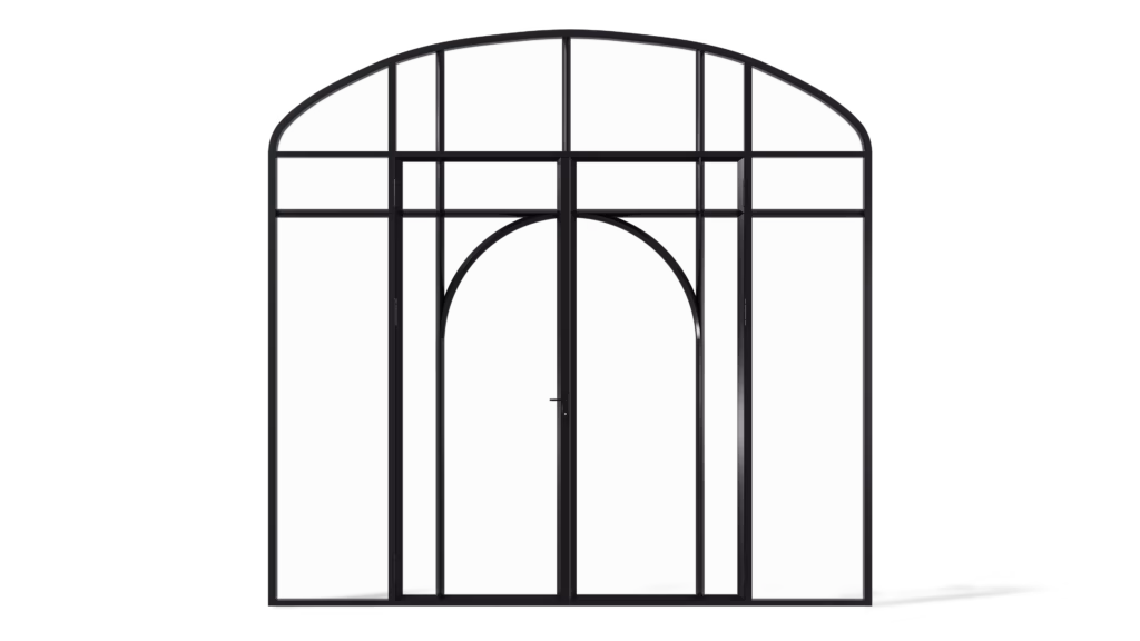 Stalen geïsoleerde korfboogpui model Brampton, dubbele deur met elegante boogroedes en zijlichten