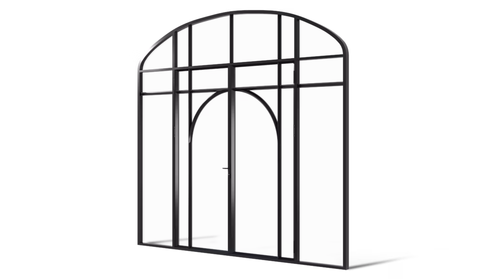 Stalen geïsoleerde korfboogpui model Brampton, dubbele deur met elegante boogroedes en zijlichten