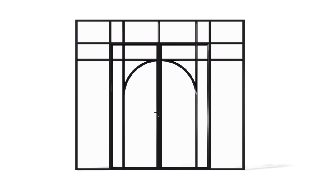 Stalen geïsoleerde buitenpui met dubbele deur, zij- en bovenlichten en ronde boogvorm, uitgevoerd met koudebrugonderbreking