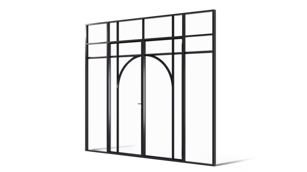 Stalen geïsoleerde buitenpui met dubbele deur, zij- en bovenlichten en ronde boogvorm, uitgevoerd met koudebrugonderbreking