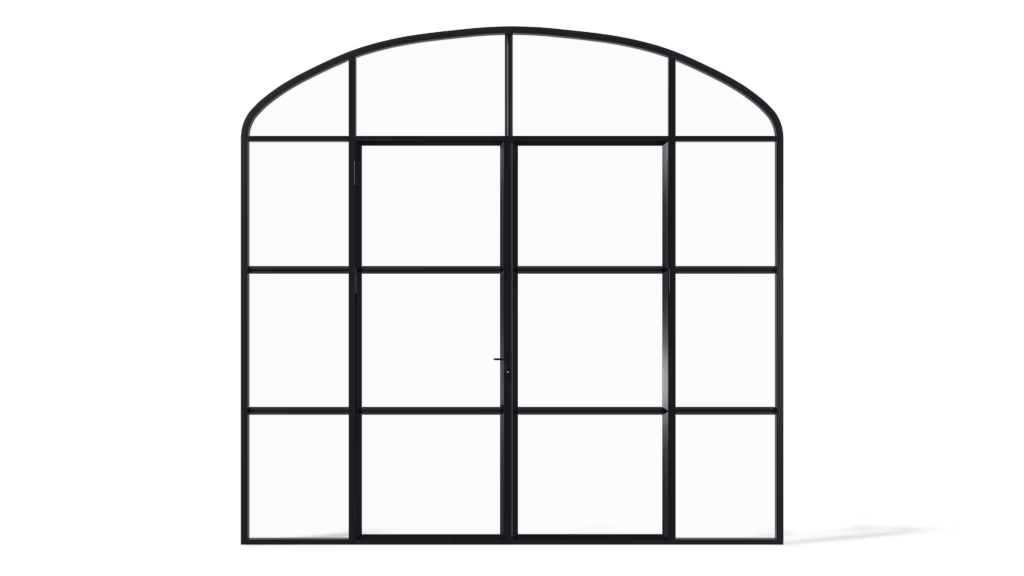 Stalen geïsoleerde korfboogpui model Calgary, dubbele deur met 2 horizontale roedes en glasvakken rondom