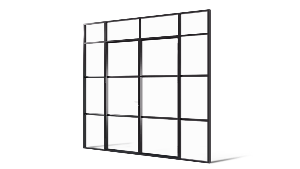 Model Calgary – stalen geïsoleerde buitenpui met dubbele deur, zij- en bovenlichten, met horizontale roedeverdeling, uitgevoerd met koudebrugonderbreking