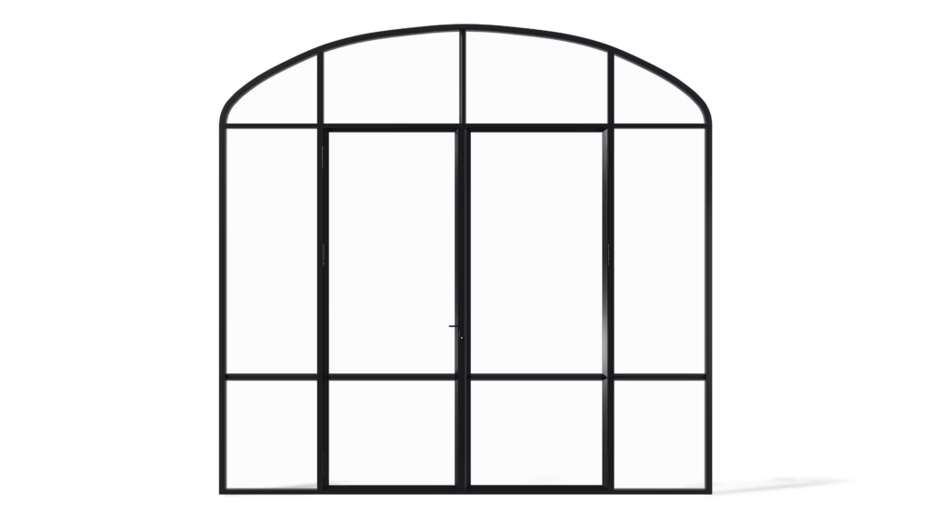 Stalen geïsoleerde korfboogpui Dublin met dubbele deuren, zijlichten en bovenlicht, uitgevoerd in een vlakverdeling met twee verticale vakken per deur en een horizontale onderverdeling