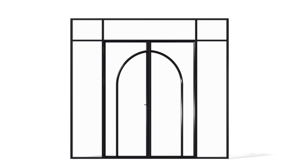 Model Hamilton – stalen geïsoleerde buitenpui met dubbele deur, zij- en bovenlichten, met boogvorm in het deurvlak, uitgevoerd met koudebrugonderbreking