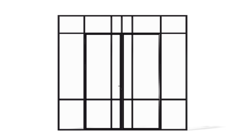 Model London – stalen geïsoleerde buitenpui met dubbele deur, zij- en bovenlichten, met verticale roedeverdeling, uitgevoerd met koudebrugonderbreking