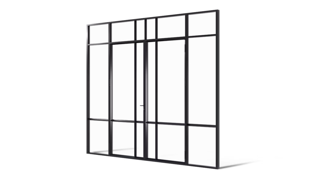 Model London – stalen geïsoleerde buitenpui met dubbele deur, zij- en bovenlichten, met verticale roedeverdeling, uitgevoerd met koudebrugonderbreking