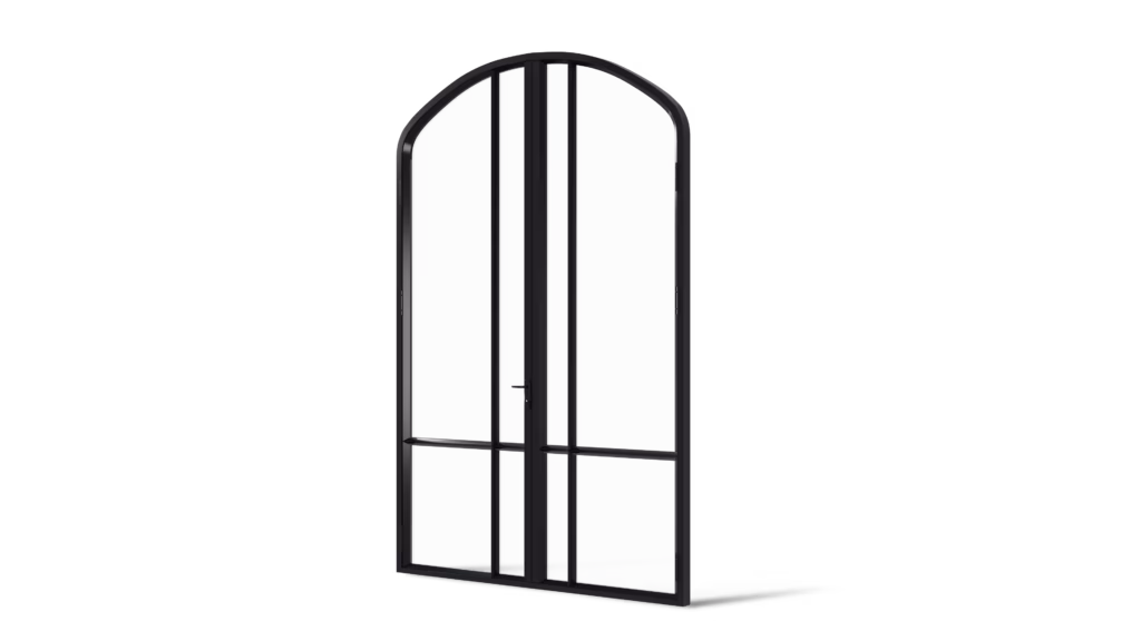 Stalen geïsoleerde korfboogpui London met dubbele deuren, voorzien van twee verticale glasvakken per deur en een horizontale verdeling op 1/3 hoogte.