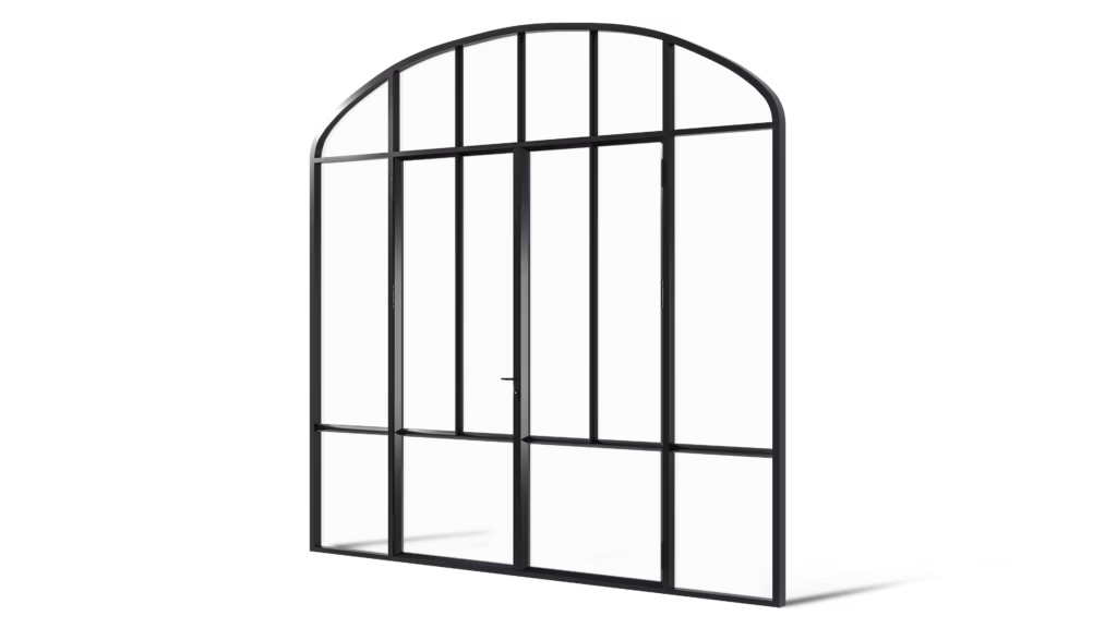 Stalen geïsoleerde korfboogpui Markham met dubbele deuren, zijlichten en bovenlicht, met een vlakverdeling van twee verticale en één horizontale lijn