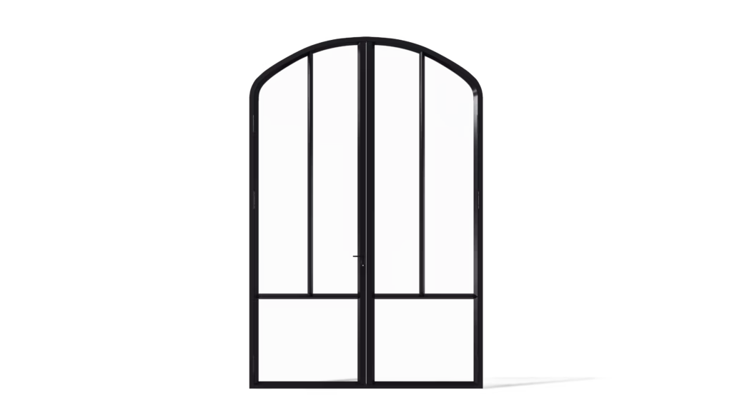 Stalen geïsoleerde korfboogpui met dubbele deuren in een verdeling van twee verticale vakken per deur en een duidelijke horizontale lijn