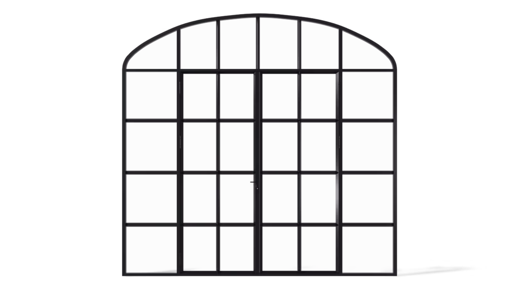 Stalen geïsoleerde korfboogpui met dubbele deuren, zijlichten en bovenlicht, met een vlakverdeling van twee verticale en één horizontale lijn in alle elementen.