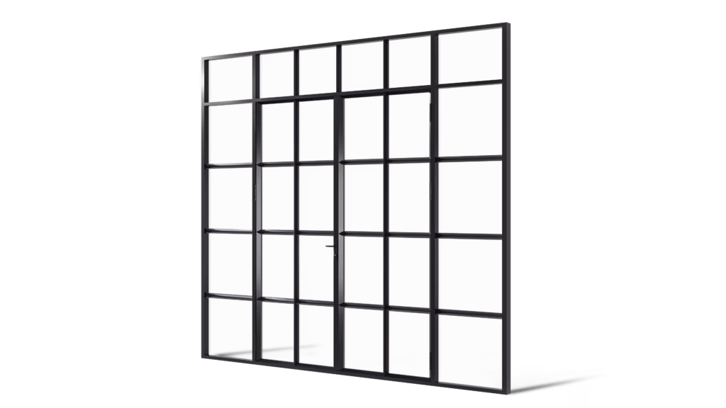 Model Montreal – stalen geïsoleerde buitenpui met dubbele deur, zij- en bovenlichten, met fijne roedeverdeling in rasterpatroon, uitgevoerd met koudebrugonderbreking