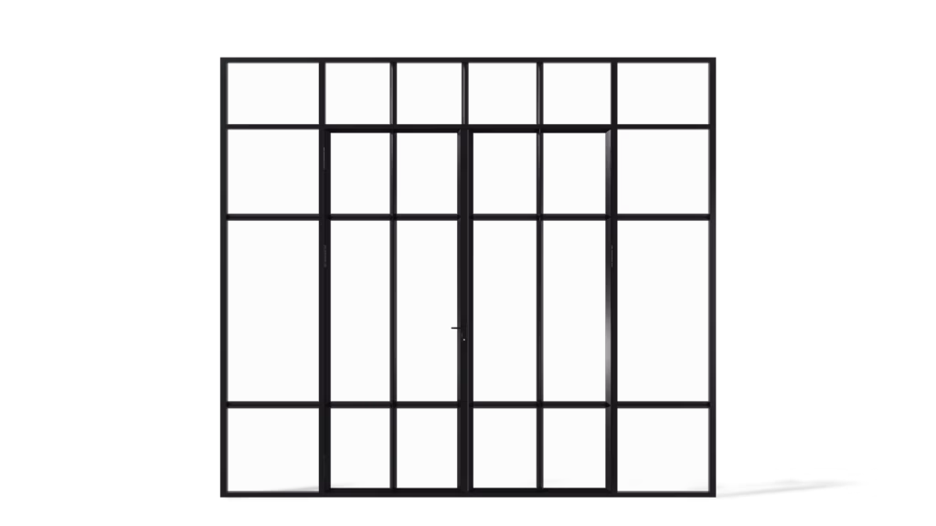 Model Ontario – stalen geïsoleerde buitenpui met dubbele deur, zij- en bovenlichten, met verticale en horizontale roedeverdeling, uitgevoerd met koudebrugonderbreking