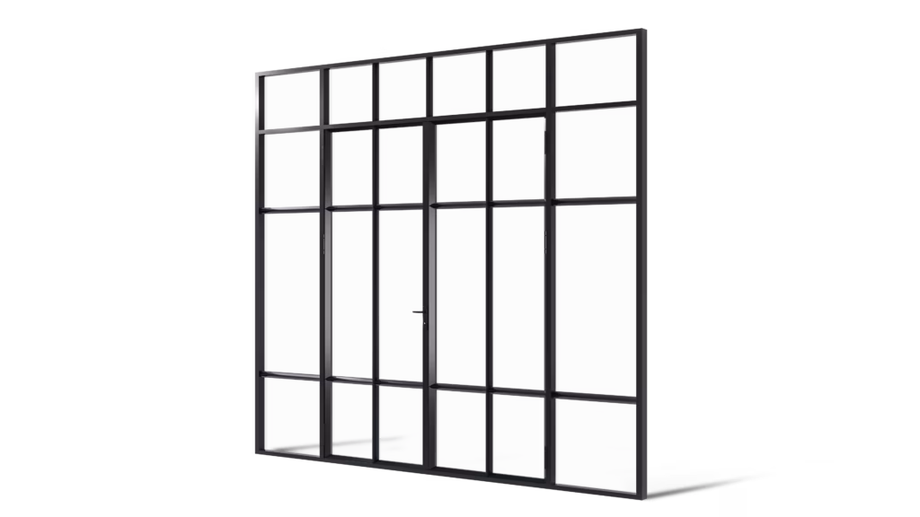 Model Ontario – stalen geïsoleerde buitenpui met dubbele deur, zij- en bovenlichten, met verticale en horizontale roedeverdeling, uitgevoerd met koudebrugonderbreking