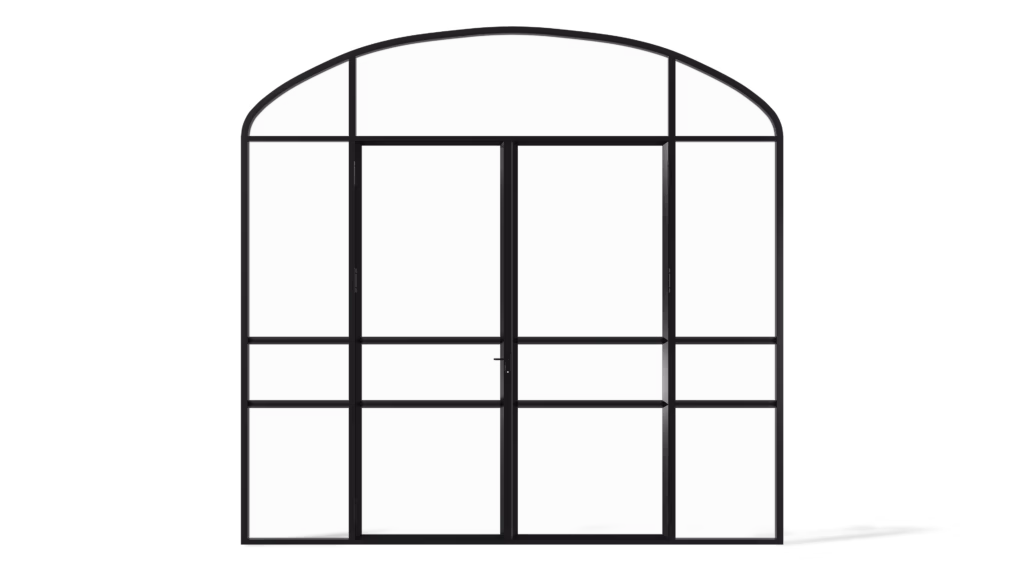 Stalen geïsoleerde buitendeur met korfboog, zijlichten en bovenlicht, vlakverdeling met twee horizontale roedes per element, model Ottowa.