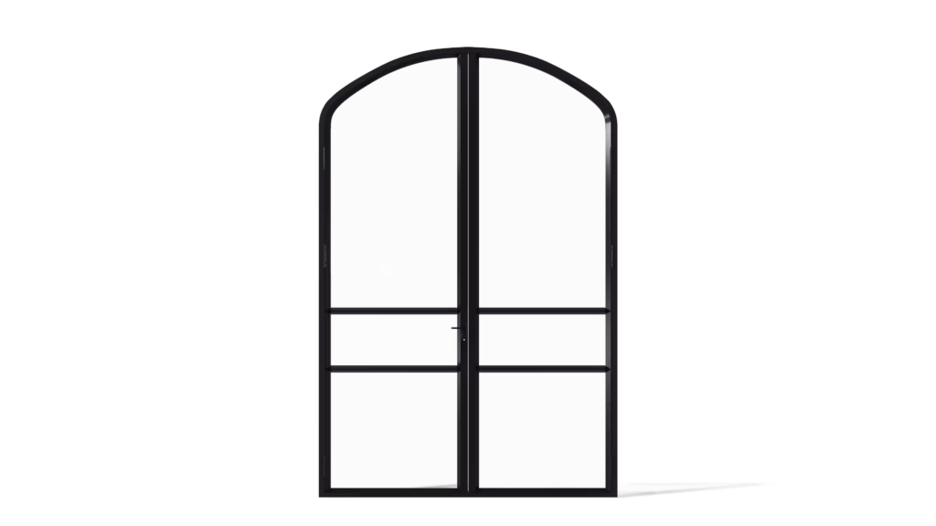 Stalen geïsoleerde buitendeur, dubbele deur met korfboog en twee horizontale roedes per deurpaneel, model Ottowa