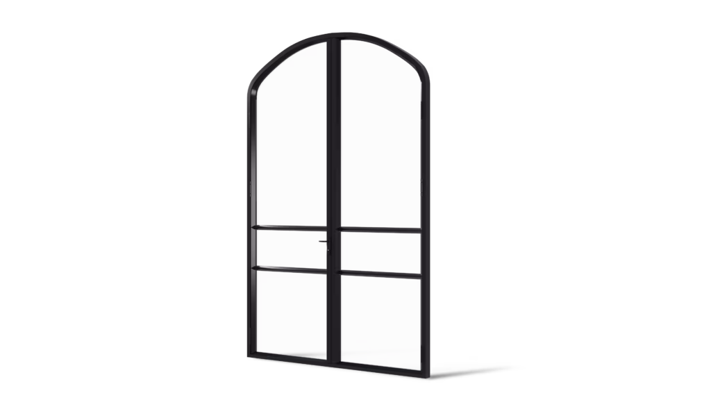 Stalen geïsoleerde buitendeur, dubbele deur met korfboog en twee horizontale roedes per deurpaneel, model Ottowa