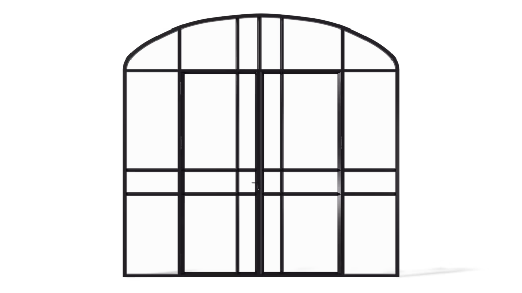 Stalen geïsoleerde buitendeur met korfboog, zijlichten en bovenlicht, vlakverdeling met twee horizontale roedes per element, model Richmond.