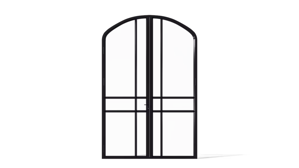 Stalen geïsoleerde buitendeur, dubbele deur met korfboog en twee horizontale vlakken per deurpaneel, model Richmond.