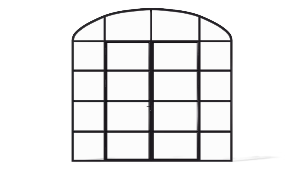 Stalen geïsoleerde buitendeur met korfboog, zijlichten en bovenlicht, vlakverdeling met drie horizontale roedes per element, model Toronto