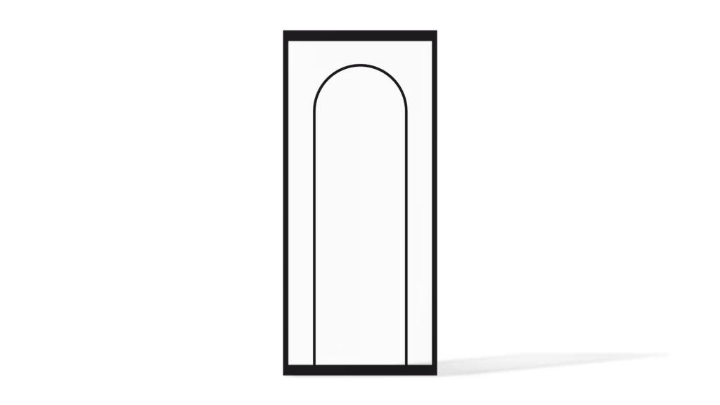 Minimalistisch stalen deurmodel Portland met hoge organische boog en serene Japandi uitstraling, enkel uitgevoerd